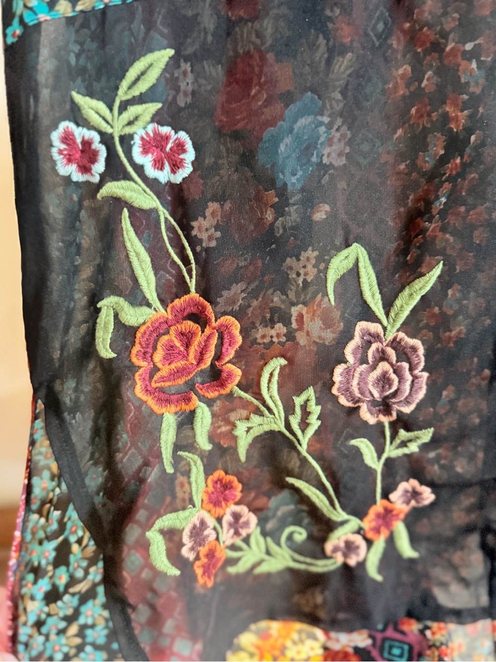 Avani Del Amour Embroidered Sheer Patchwork Floral Tunic Blouse Boho Artsy - Picture 5 of 13